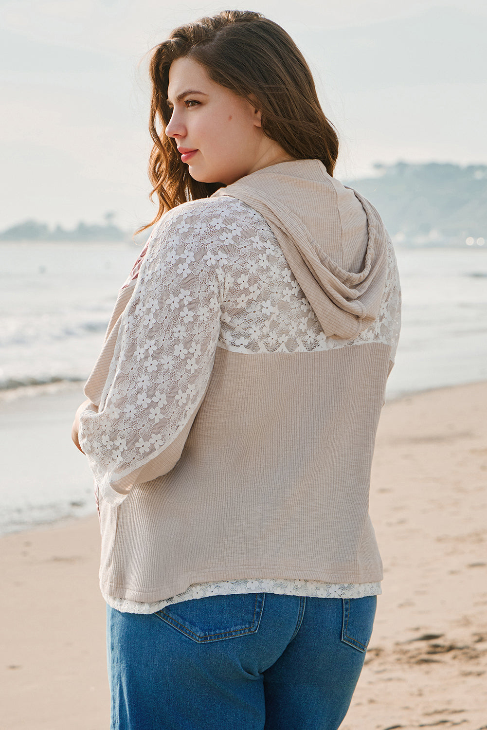 Khaki V Neck Floral Peace Sign Graphic Lace Patch Ribbed Plus Size Hooded Top BB Fashion Outlet