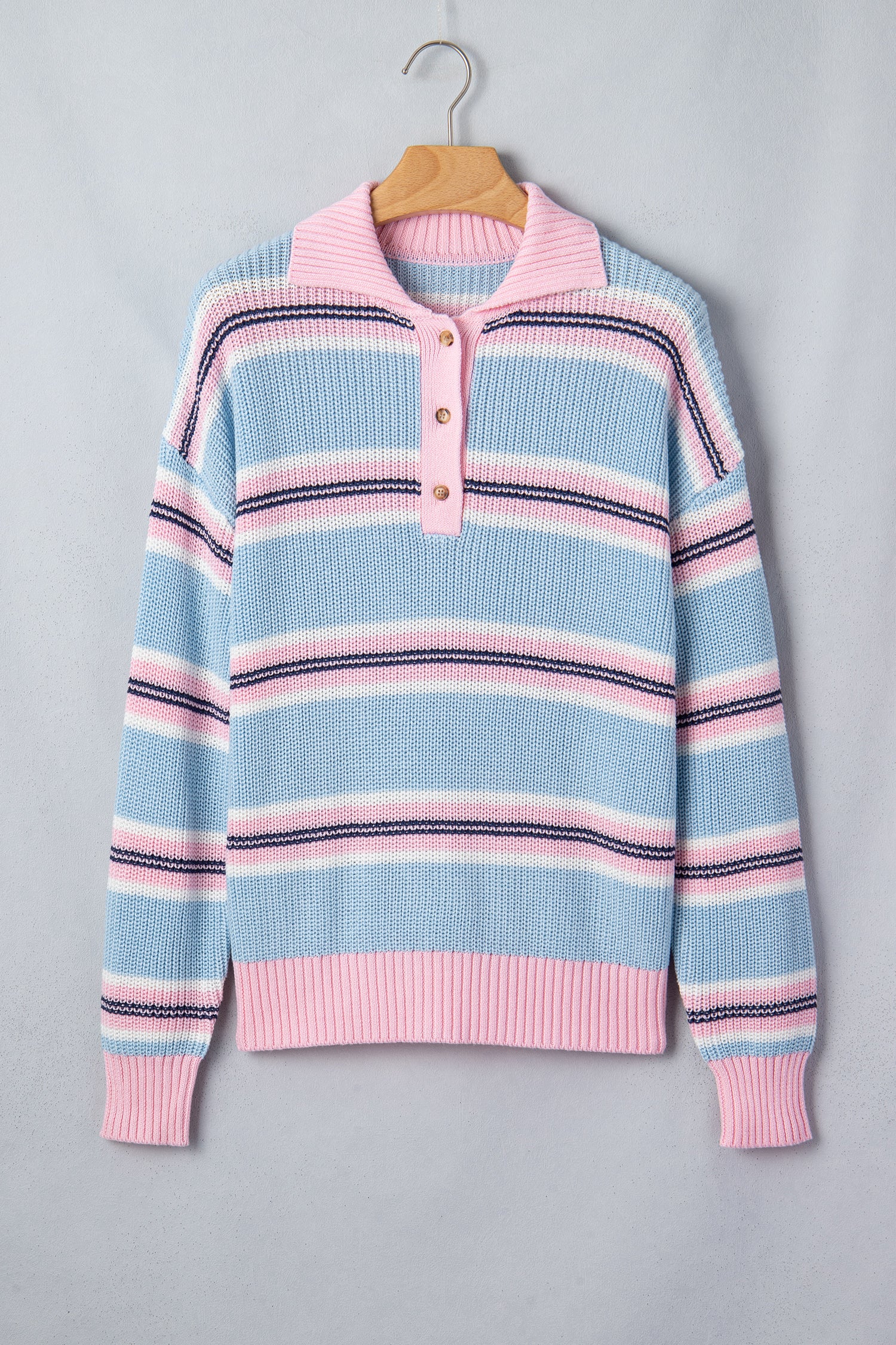 Striped Button Collar Long Sleeve Shift Fit Winter Knitwear Sweater – Sky Blue Stripe