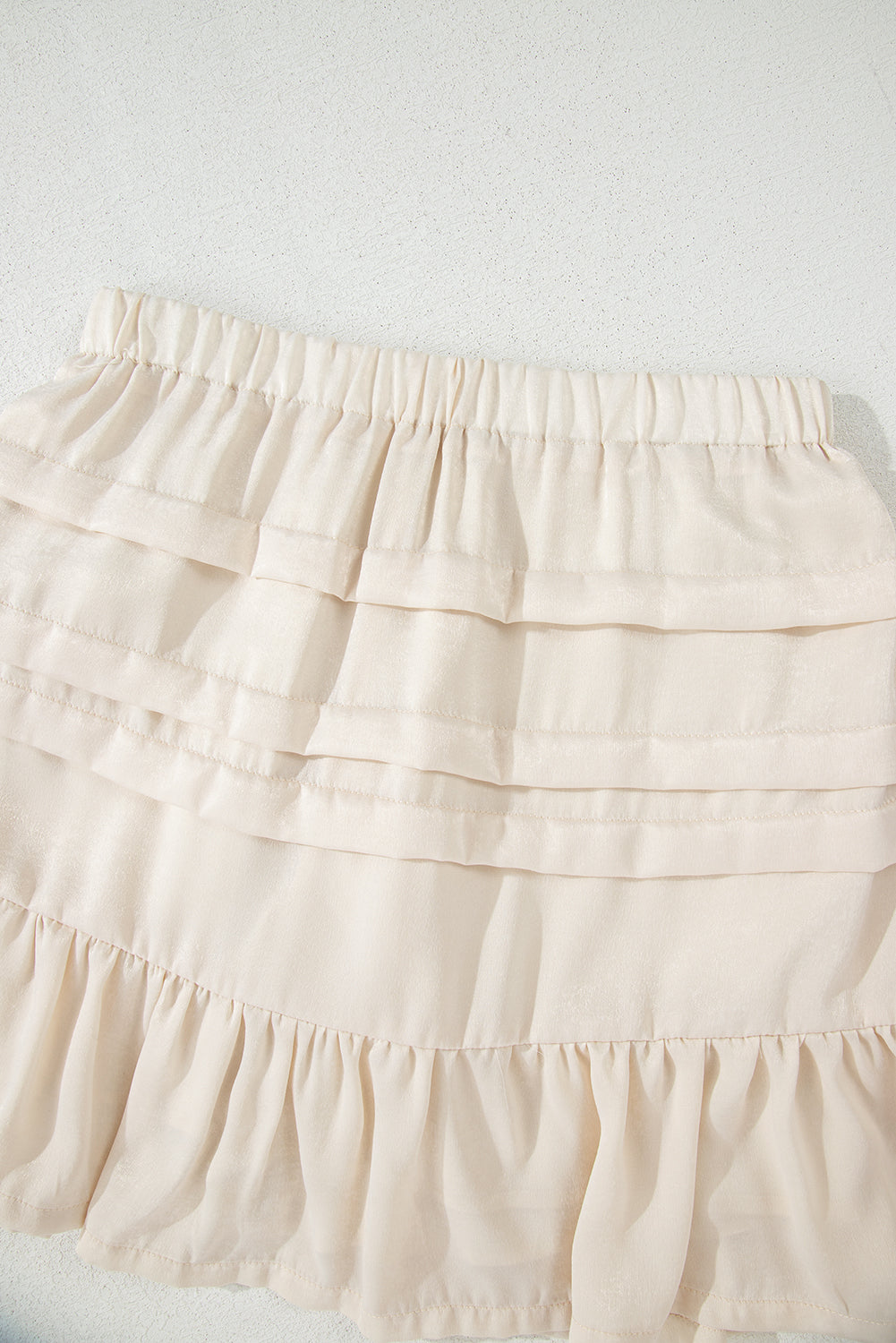 Beige Tiered Ruffled Hemline Elastic Waist Mini Skirt eAura