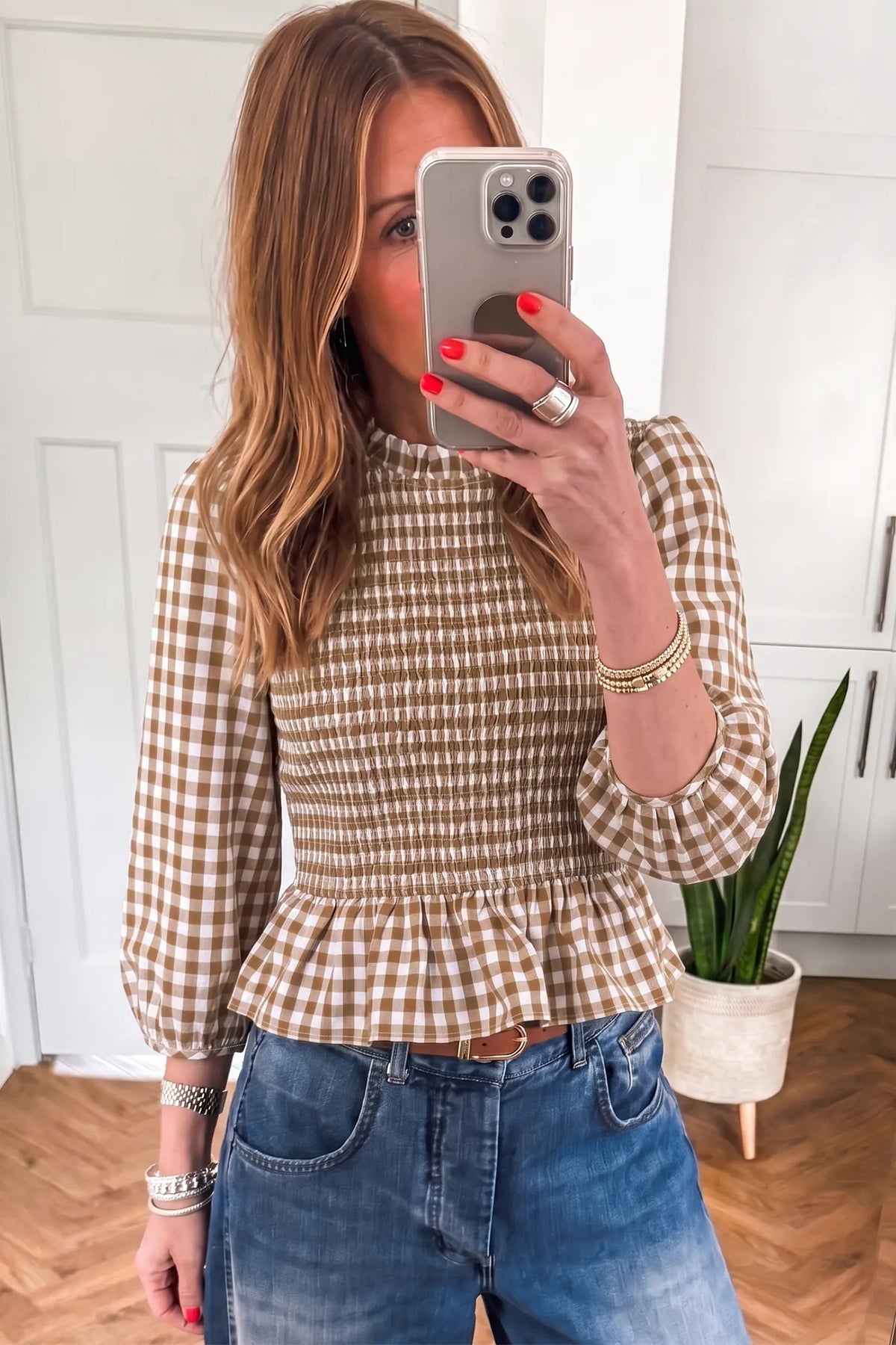 3/4 Sleeve Shirred Plaid Peplum Top – Brown