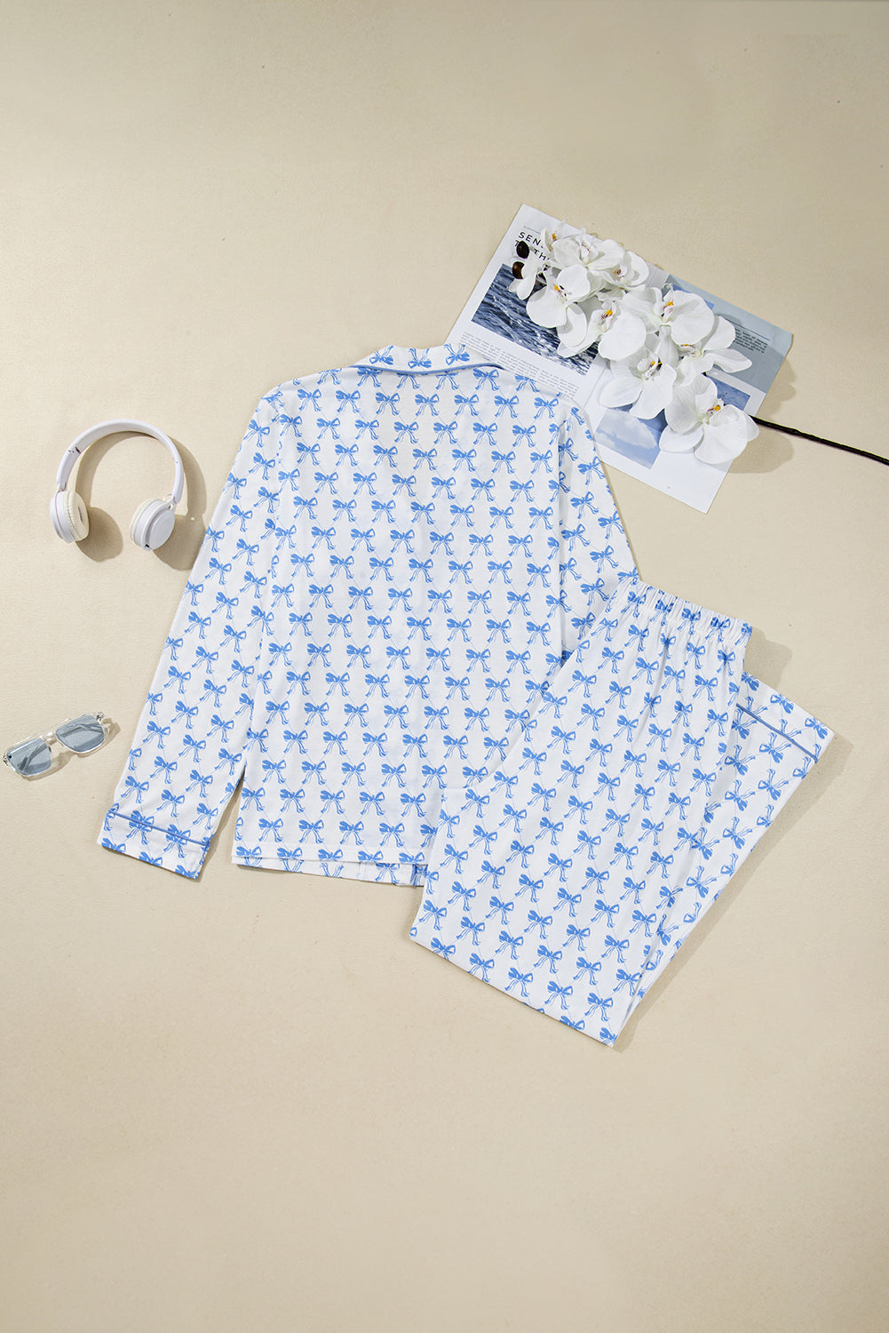 Bow Print Long Sleeve Soft Pyjama Set - eAura