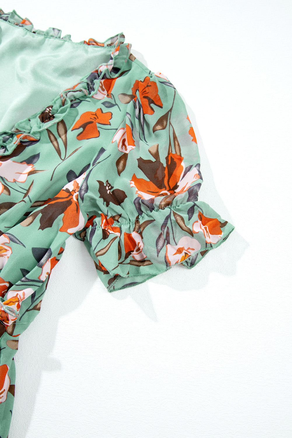 Floral Print Frilled V-Neck Short Sleeve Maxi Dress