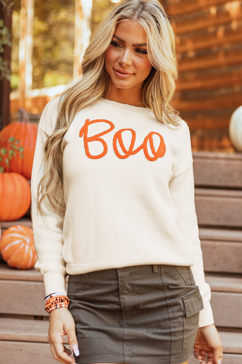 Black Boo Knitted Pattern Ribbed Edge Drop Shoulder Sweater eAura