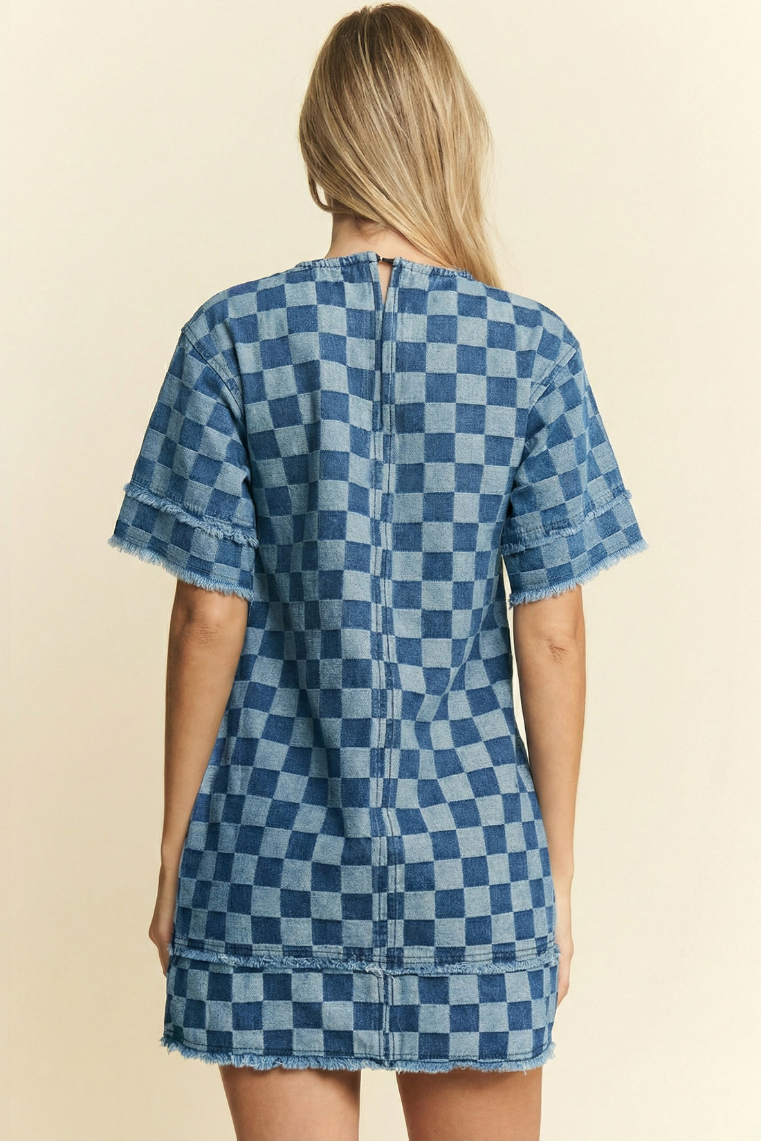 rayed Hem Checkered Denim Mini Dress