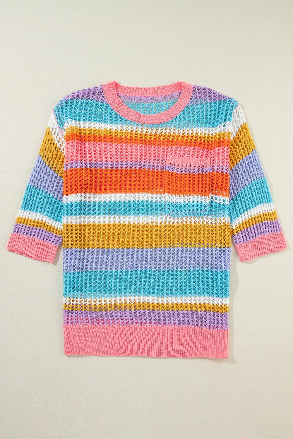 Pink Stripe Colourblock Hollowed Crochet 3/4 Sleeve Sweater eAura