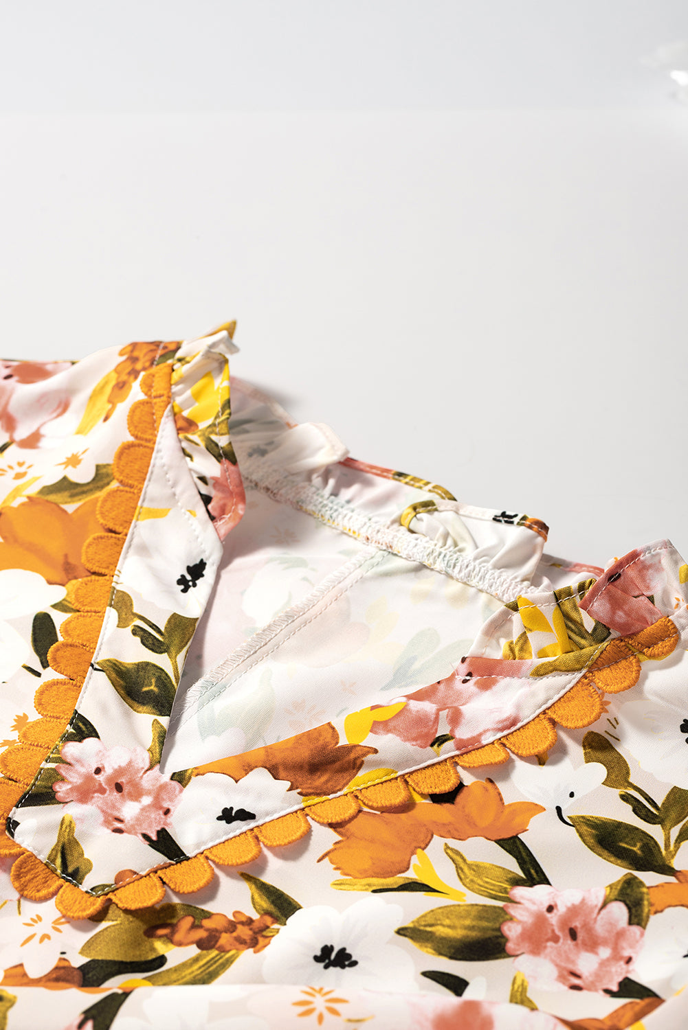 Russet Orange Ruffled V Neck Scalloped Short Sleeve Floral Blouse eAura