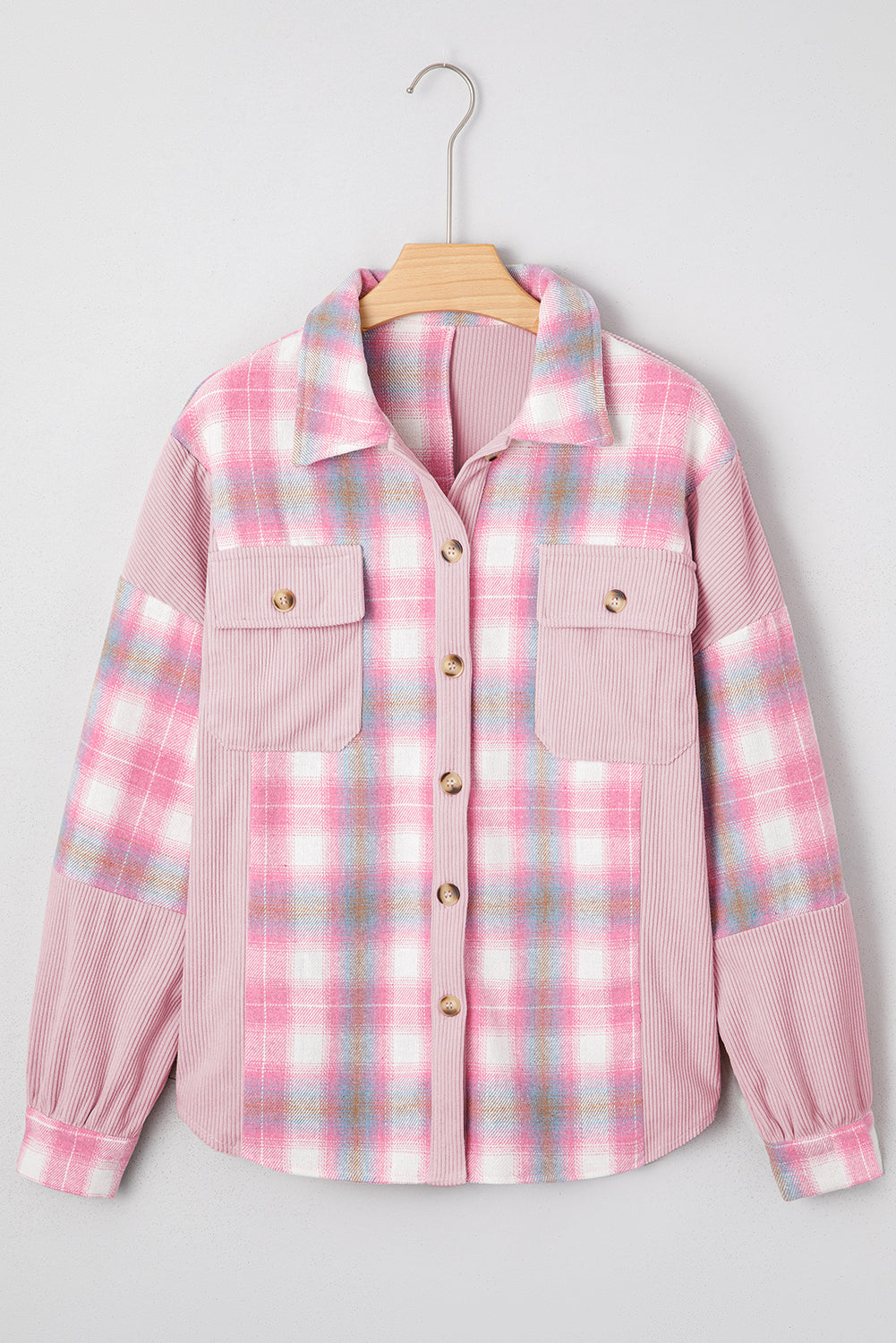 Pink Brushed Plaid Ribbed Flap Pockets Patchwork Shacket eAura