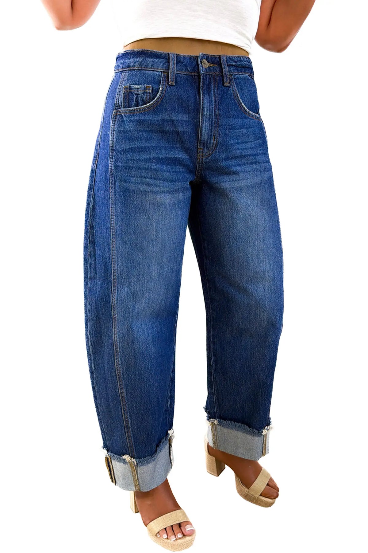 Raw Hem Turnup Loose Ankle-length Jeans – Sail Blue