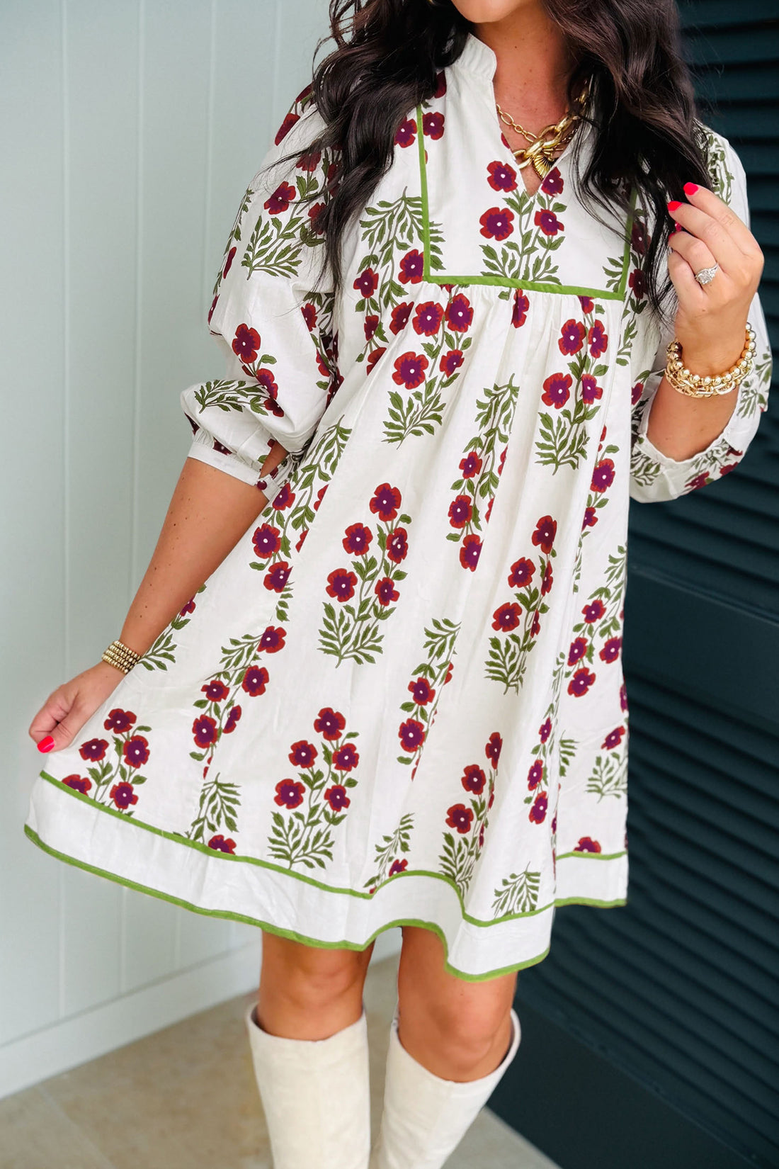 White Frilled V-Neck 3/4 Sleeve Loose Floral Dress