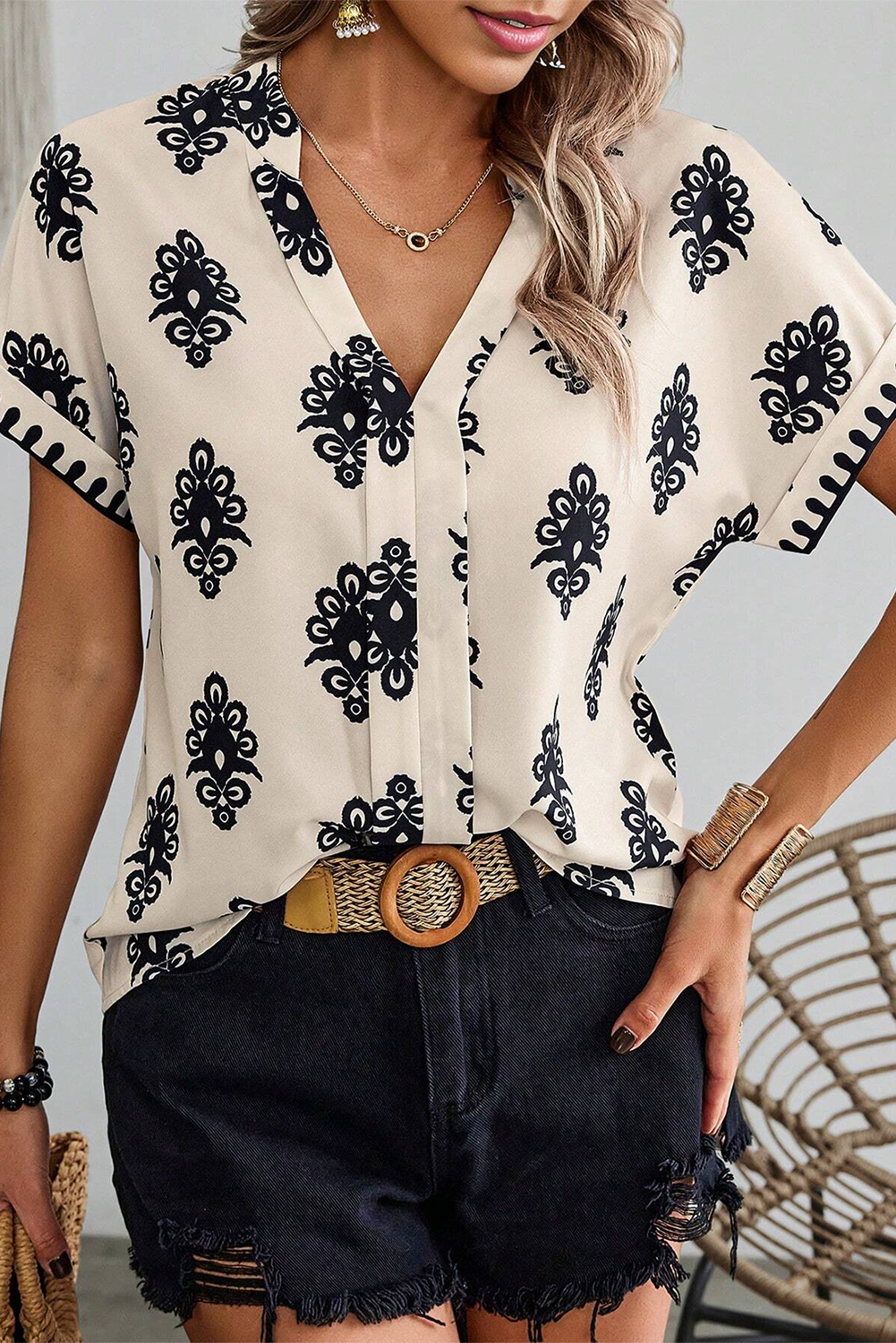 Black Geometric Print Short Sleeve V Neck Blouse eAura