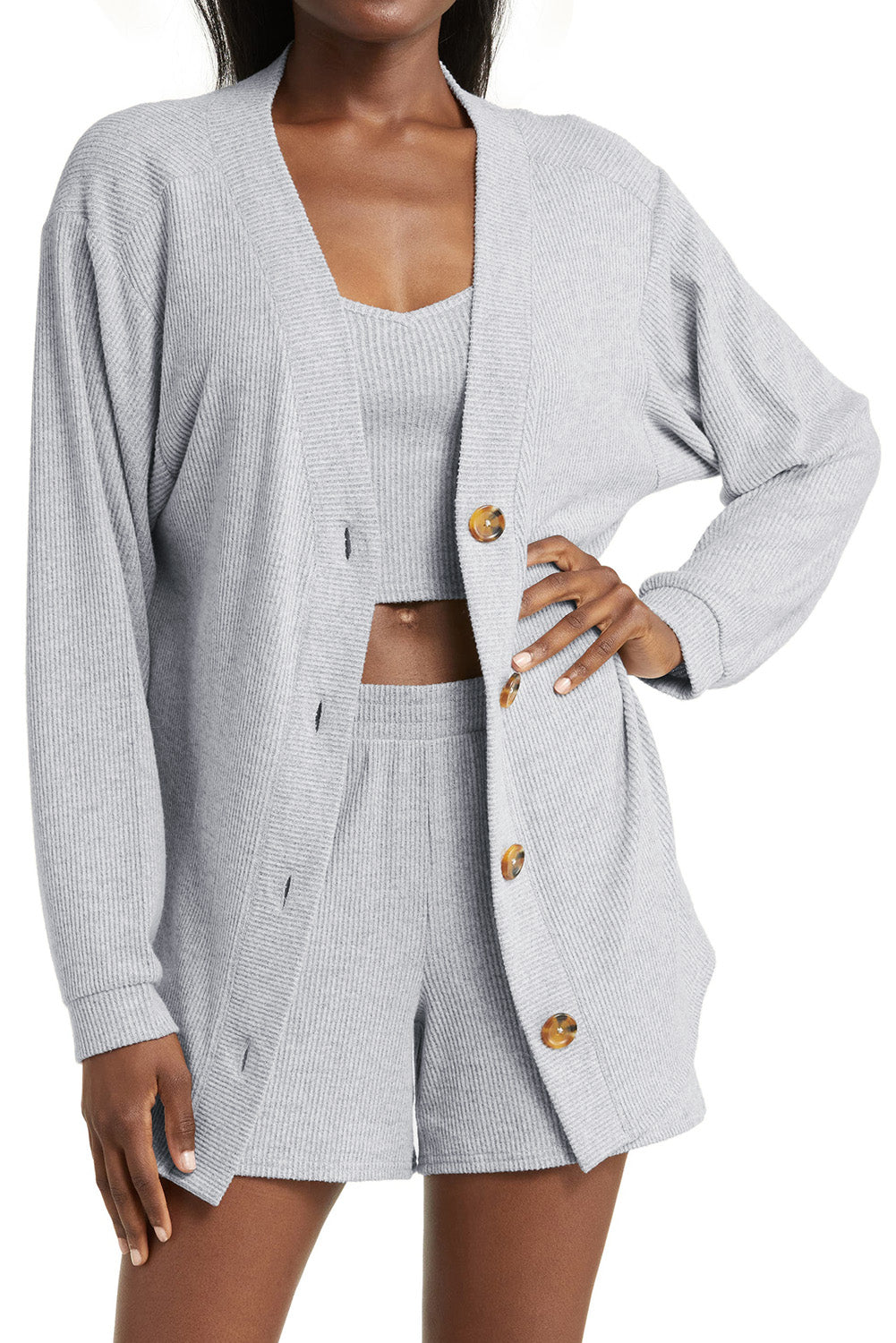 Light Grey 3 Pieces Rib Crop Camisole Matching Shorts Lounge Set with Cardigan eAura