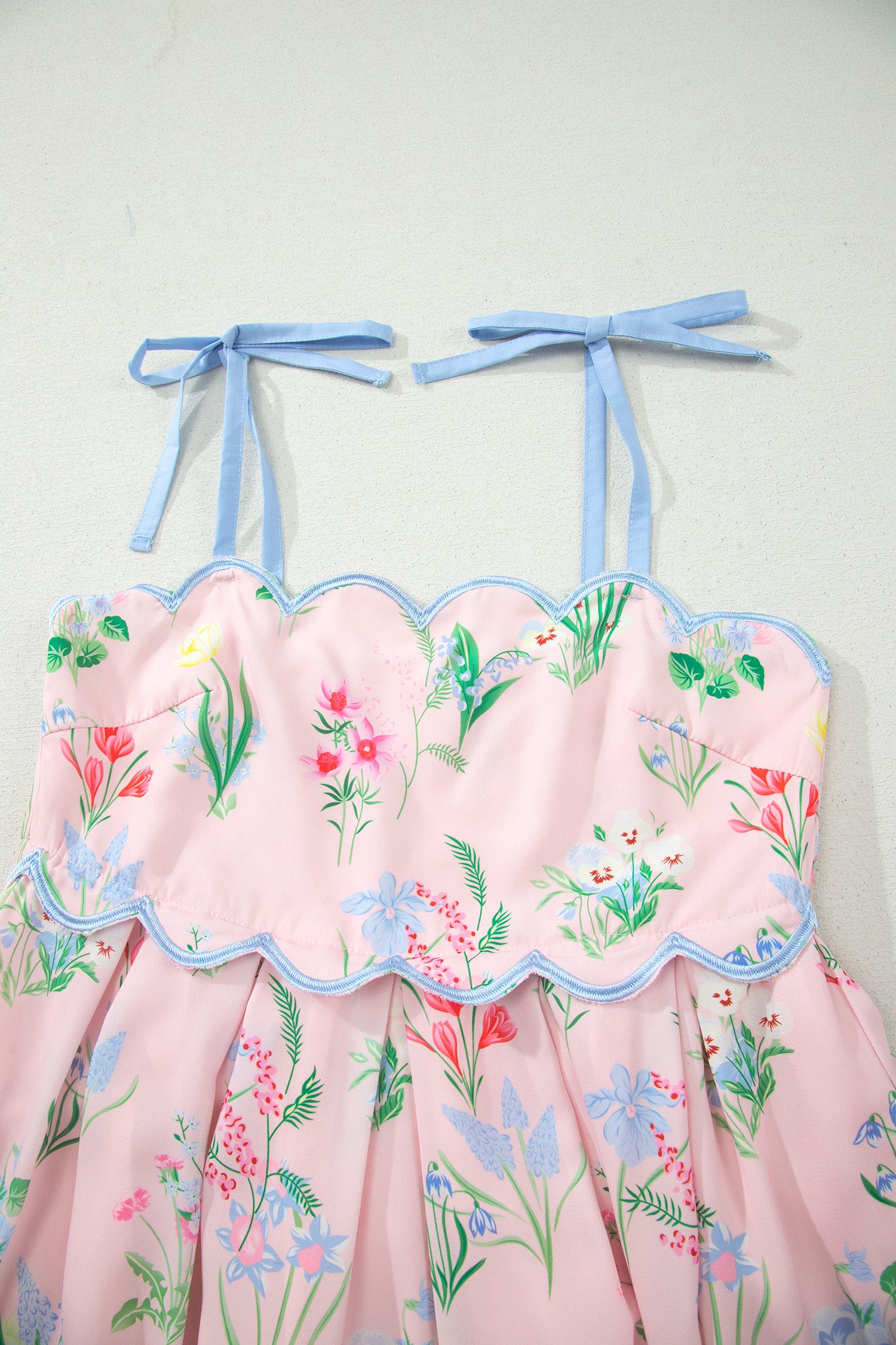 Floral Print Contrast Trim Self-Tie Straps Midi Dress
