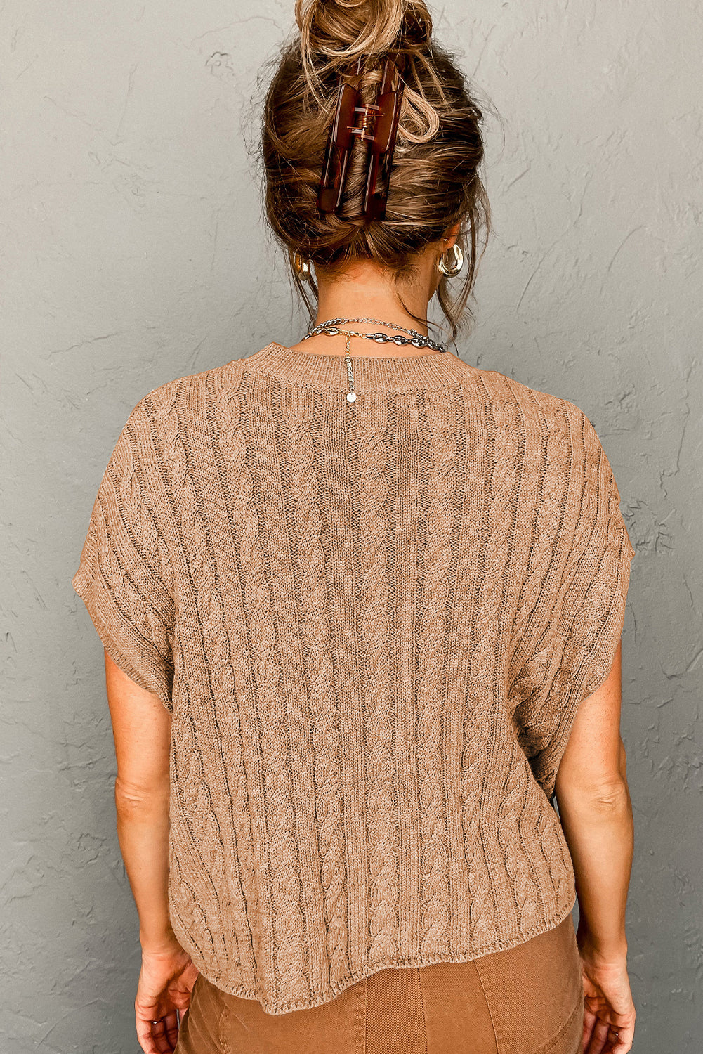 Chestnut Crew Neck Cable Knit Short Sleeve Sweater eAura