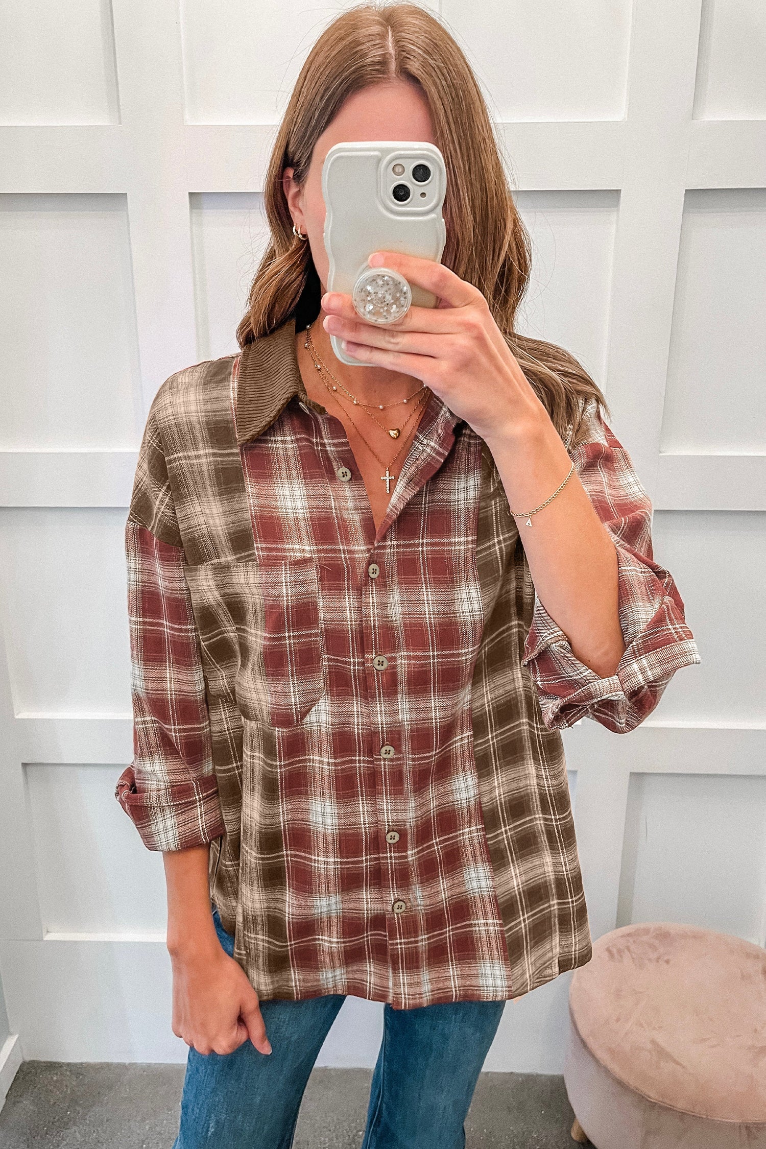 Contrast Plaid Long Sleeve Button Down Shirt – Red