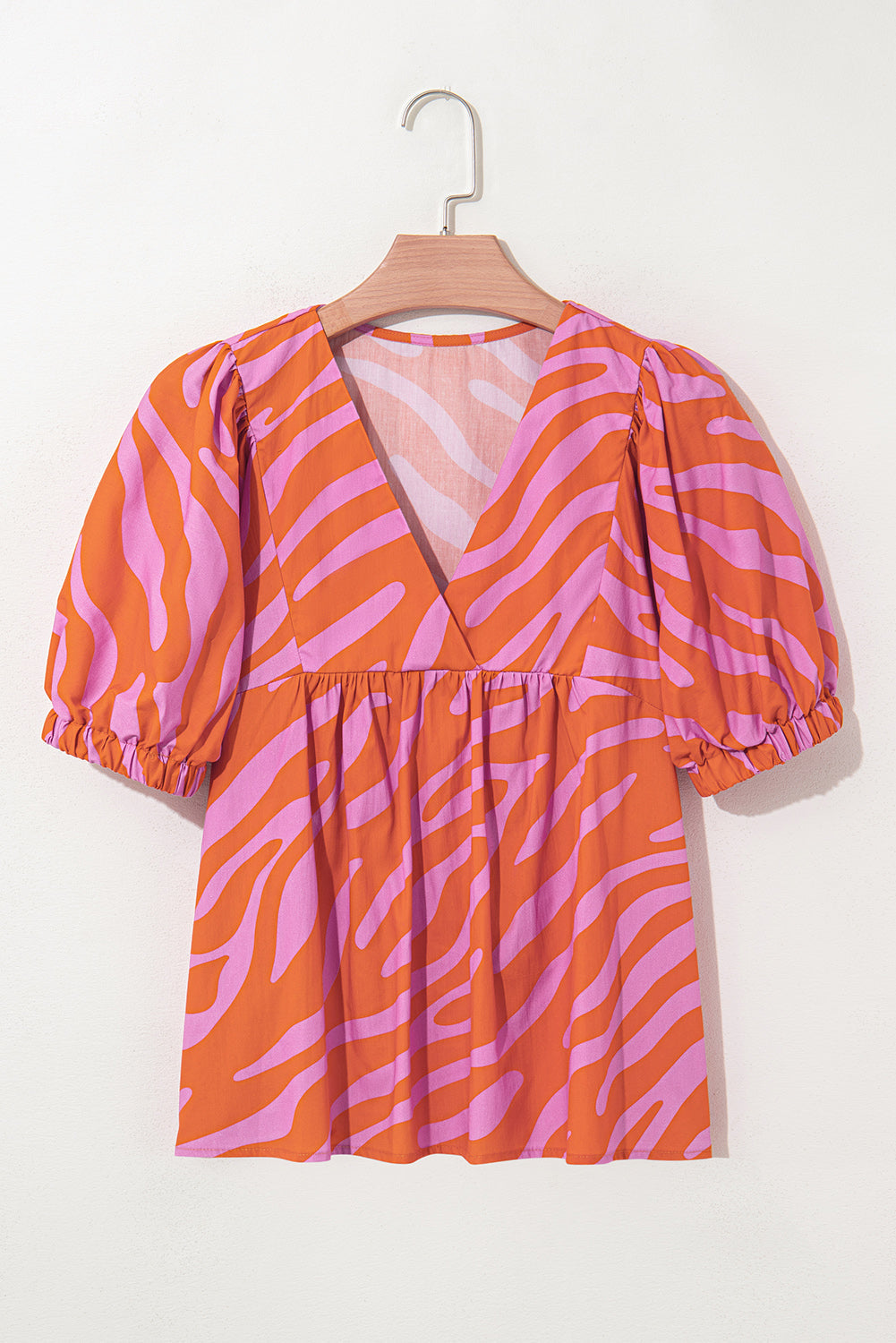 Orange Zebra Stripe Print Ruched Cuff Half Sleeve V Neck Blouse eAura
