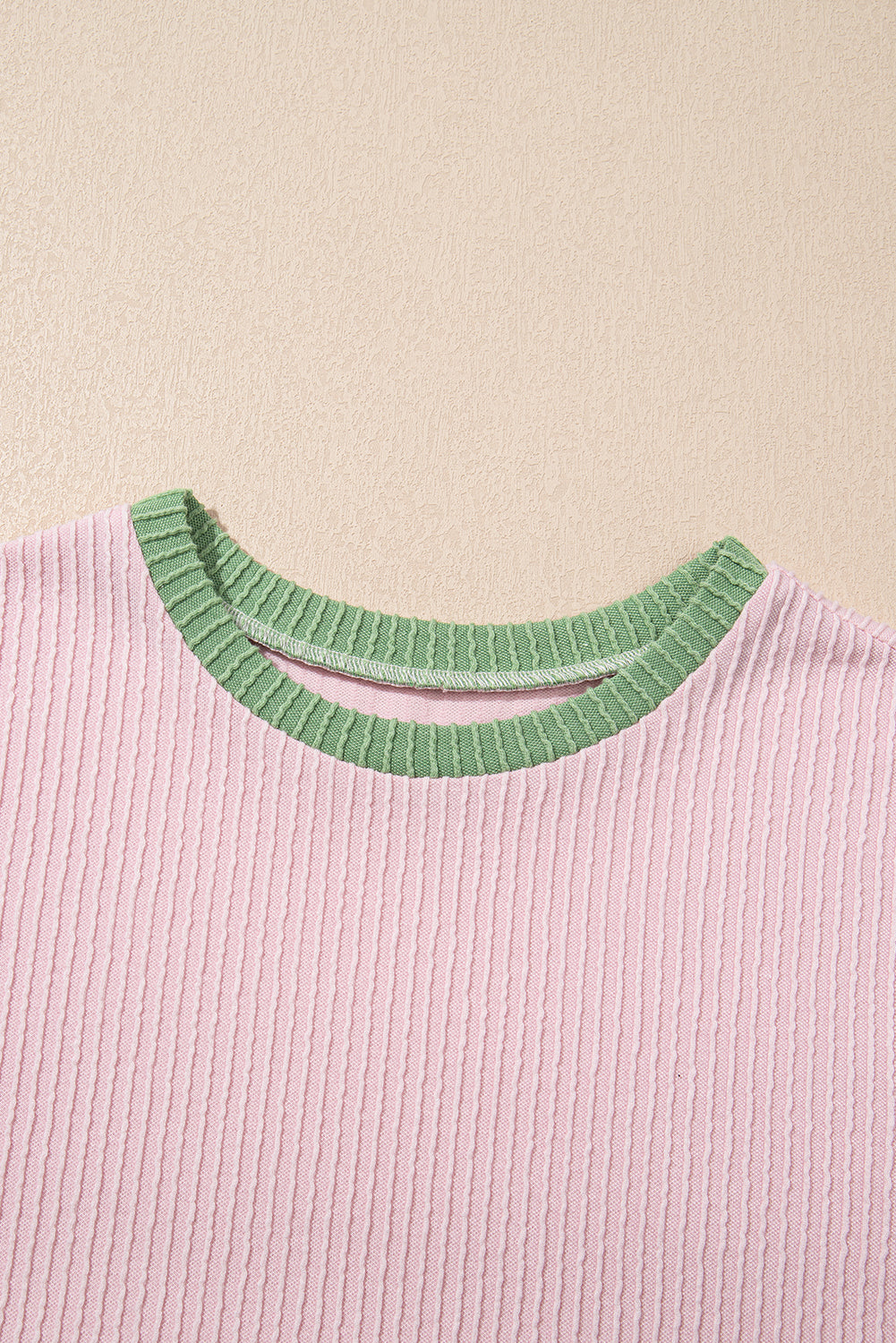 Pink Colour Block Ribbed Knit Crew Neck Tee eAura