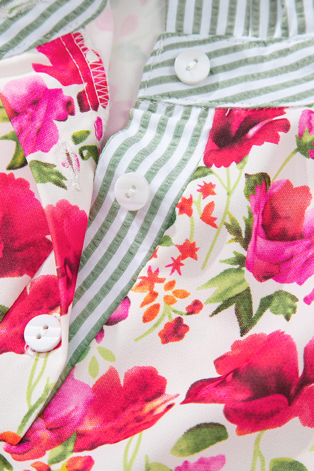 Red Floral Print Striped Patchwork Collared Short Sleeve Blouse eAura