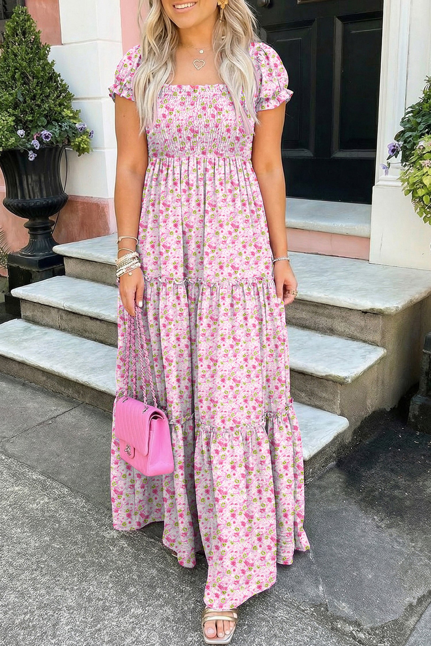 Floral Short Bubble Sleeve Shirred High Waist Maxi Dress – Pink