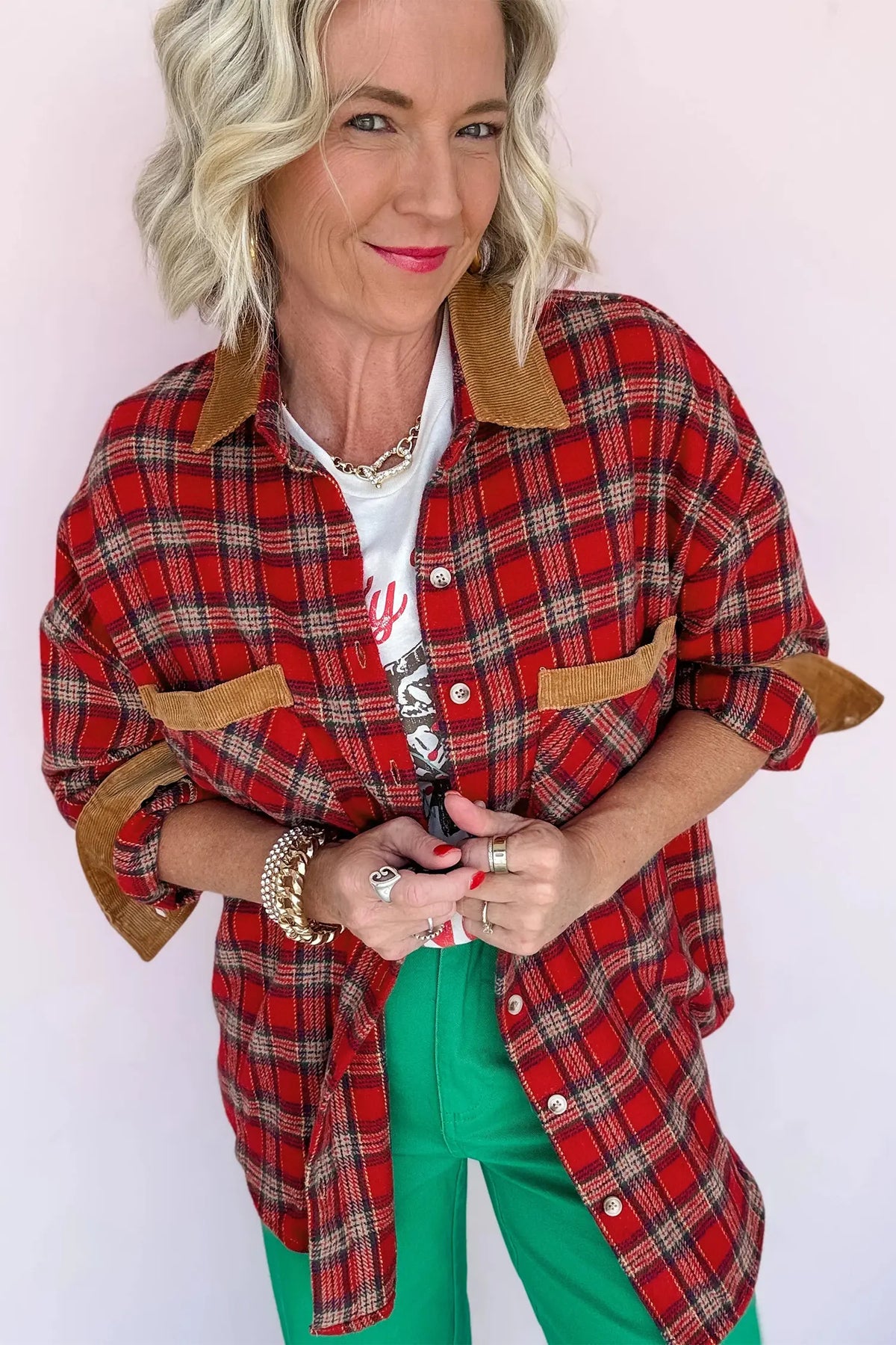 Casual Plaid Colour Block Collared Button Shacket