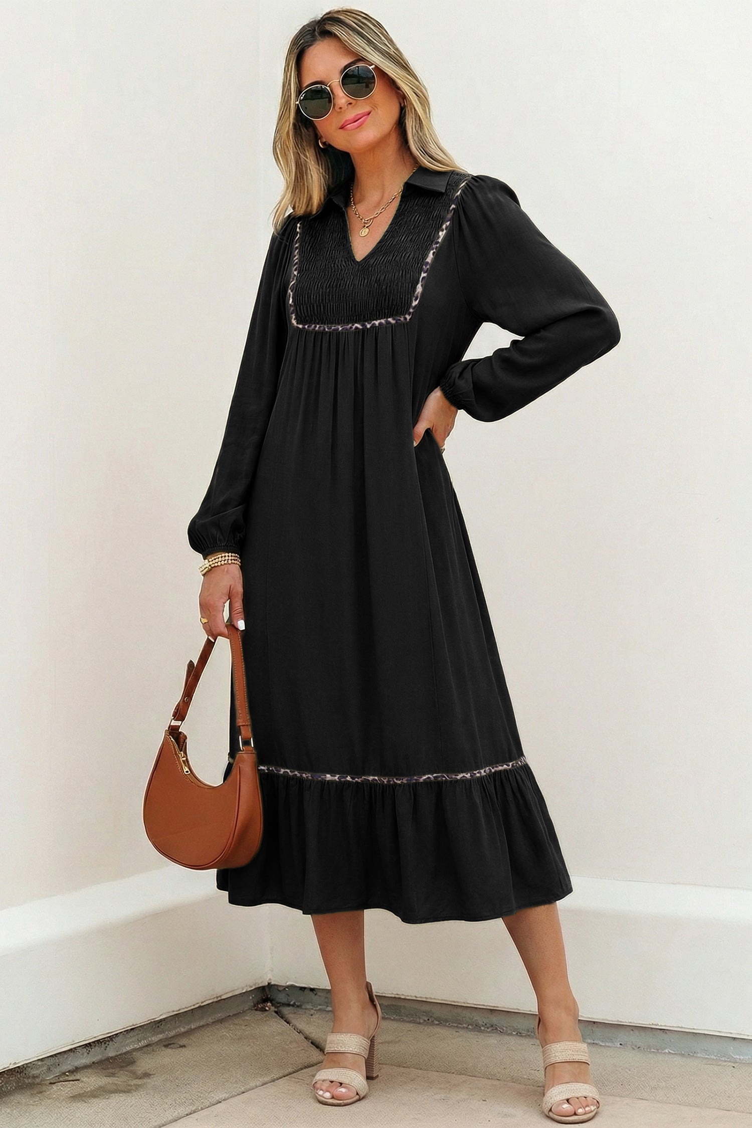 Collared V-Neck Smocked Detail Contrast Leopard Trim Bracelet Sleeve Long Dress