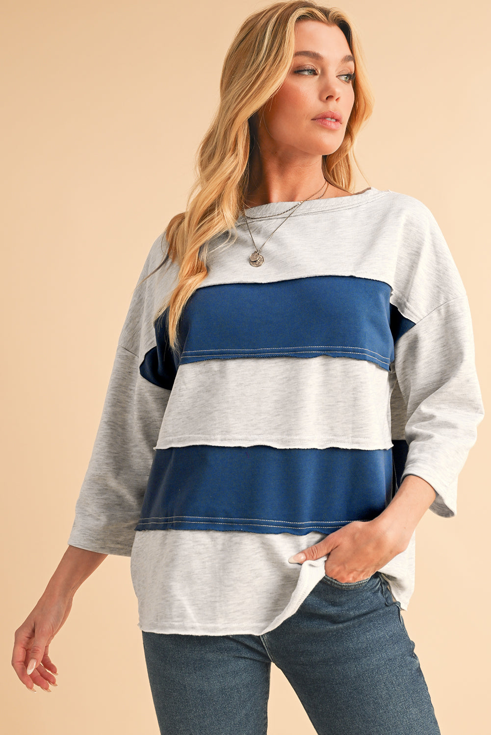 Striped Patchwork 3/4 Sleeves Raw Edge Sweatshirt - eAura