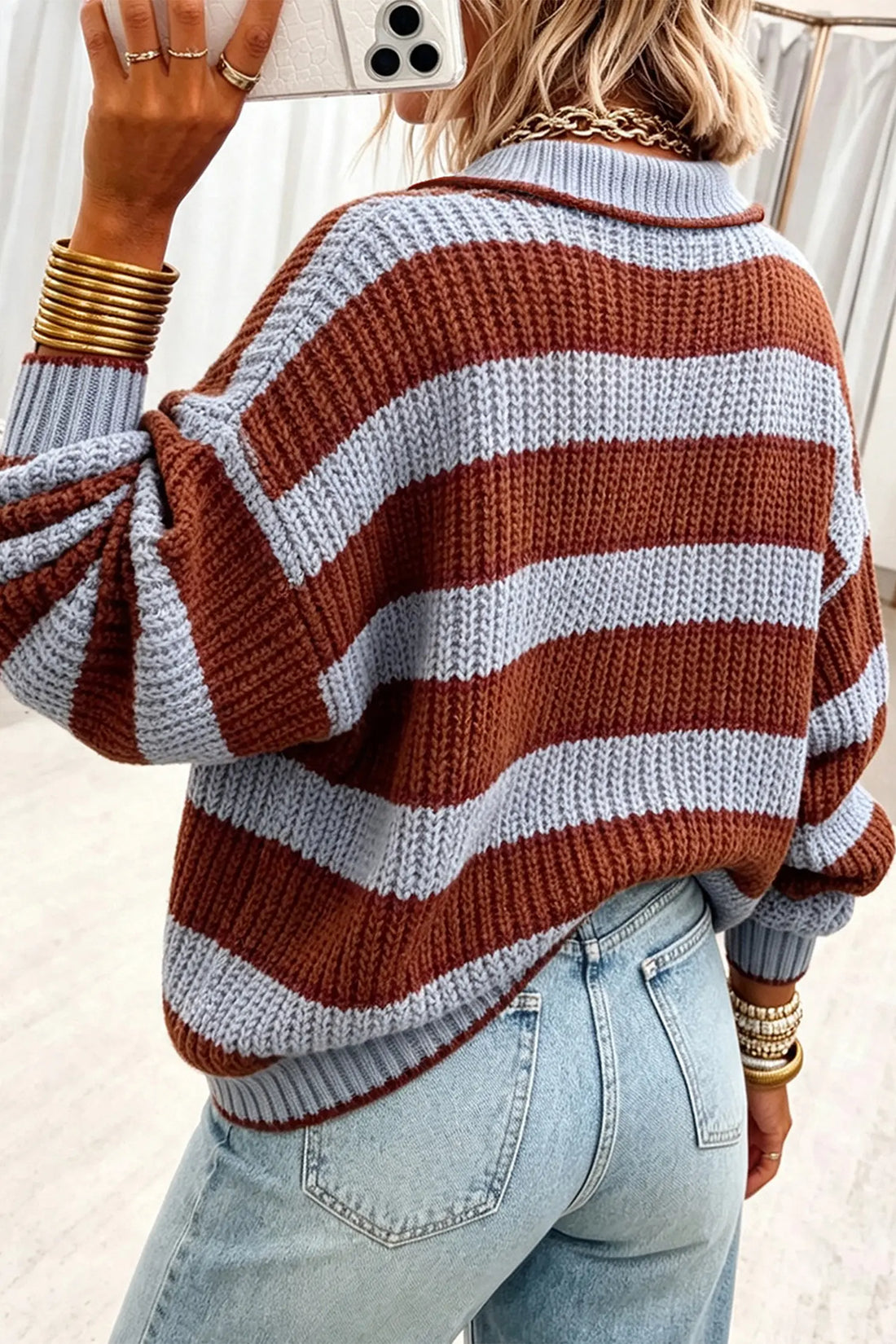 Pullover sweater with button collar and dropped shoulder