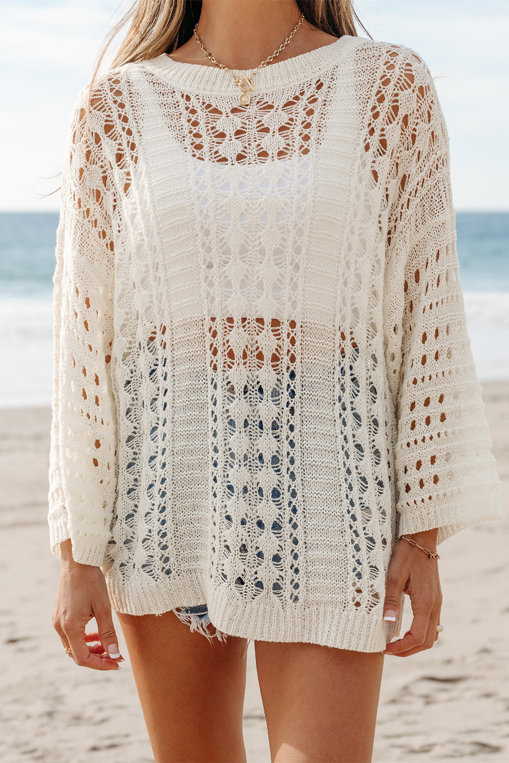 White Hollow Out Knit Bracelet Sleeve Drop Shoulder Sweater eAura