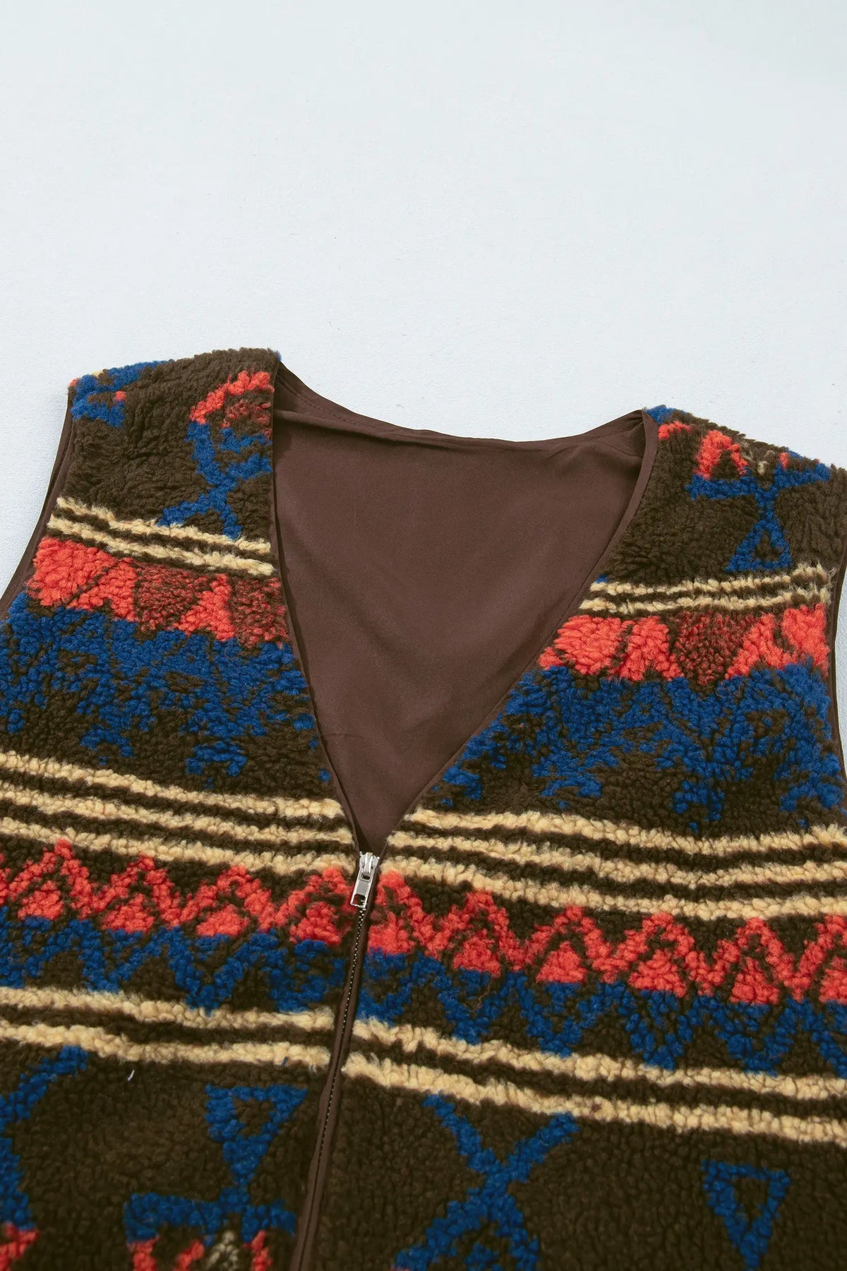 Western Print Faux Fur Metal Zipper Insert Pockets Sleeveless Vest – Multicolour