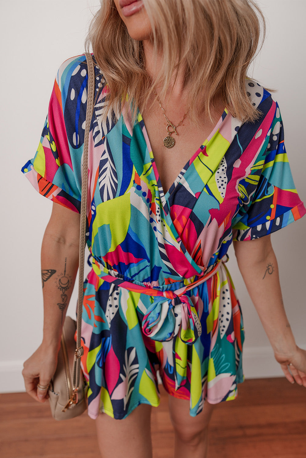 Multicolour Tropical Printed Tie Waist Romper eAura