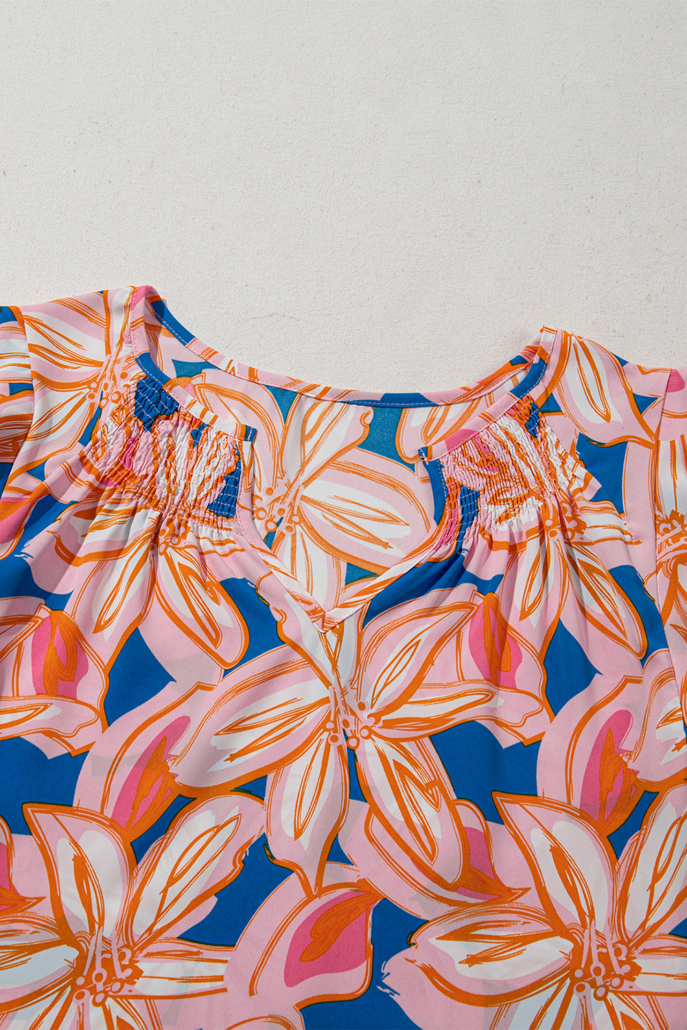 Orange Summer Flower Print Notched Neck Ruffle Sleeve Blouse eAura