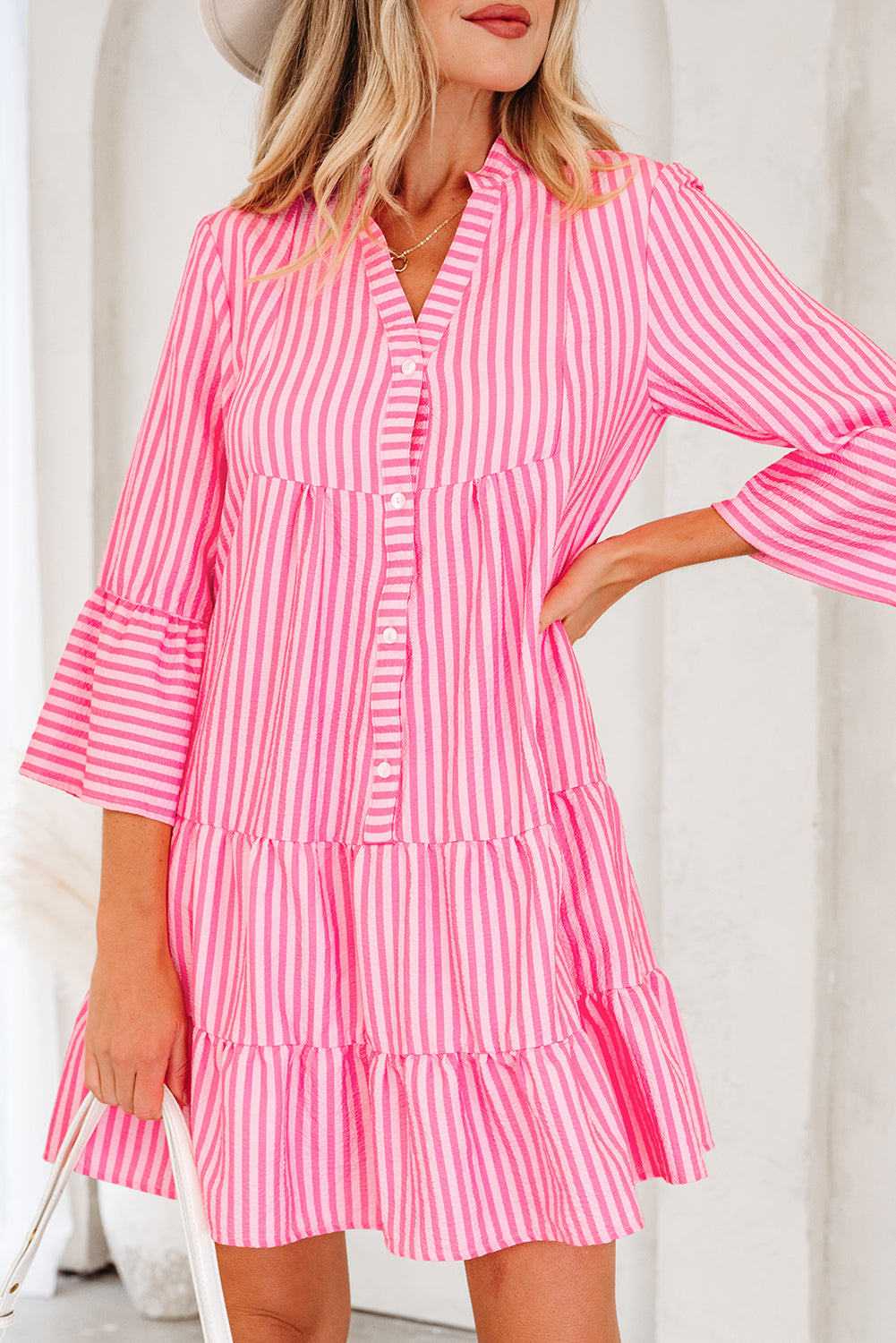 Stripe dFlare Sleeve Half Placket Tiered Flowy Mini Dress - eAura