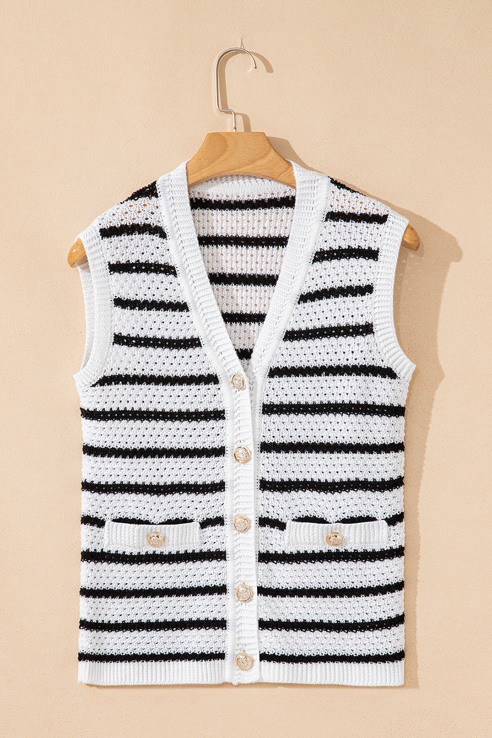 Striped V Neck Gold Buttons Elegant Sleeveless Sweater eAura