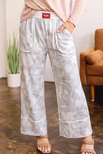 Floral Print Wide Leg Ankle-Length Elastic Waistband Pants – Grey