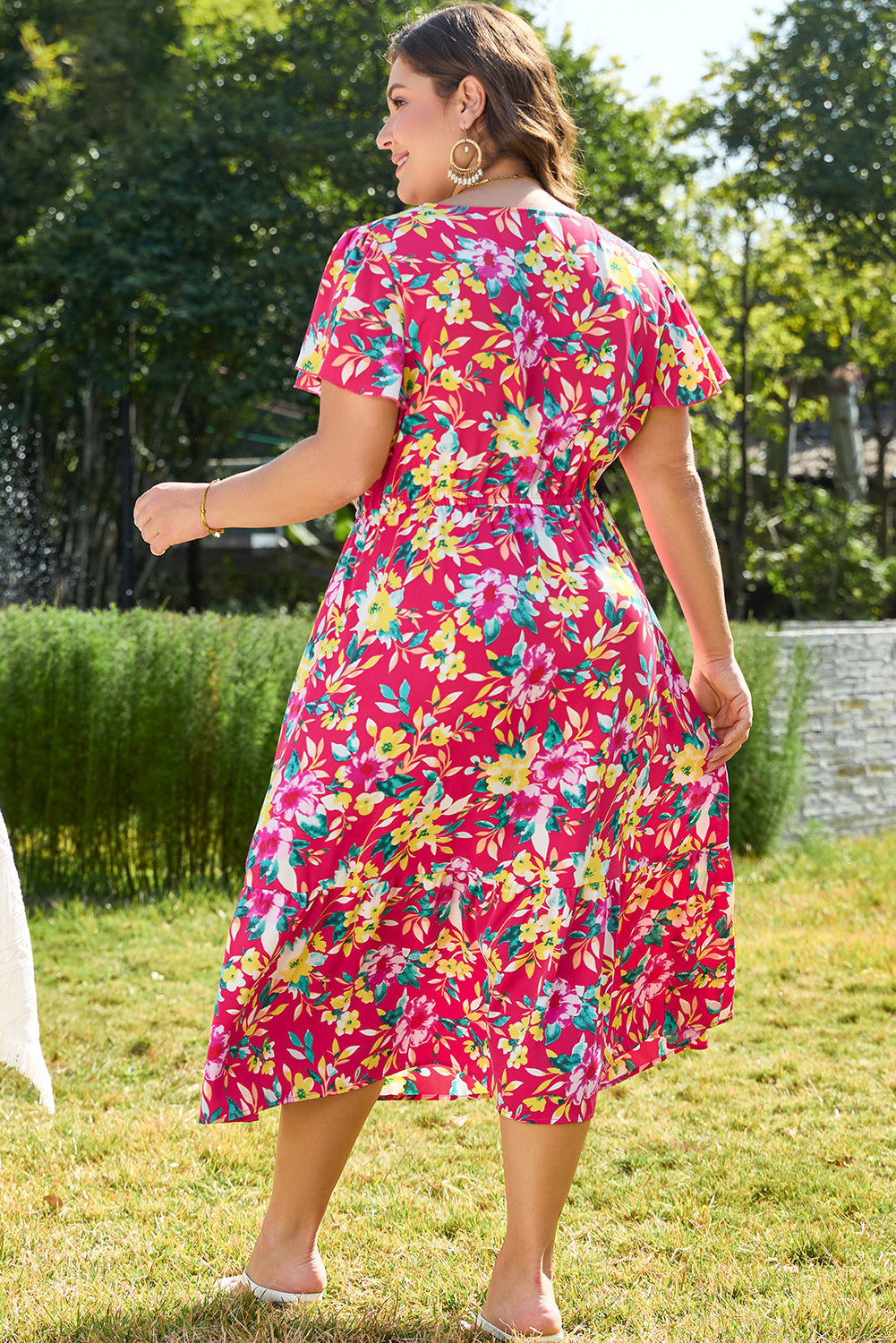 Pink Floral Print V Neck Pocketed High Waist Plus Size Midi Dress BB Fashion Outlet