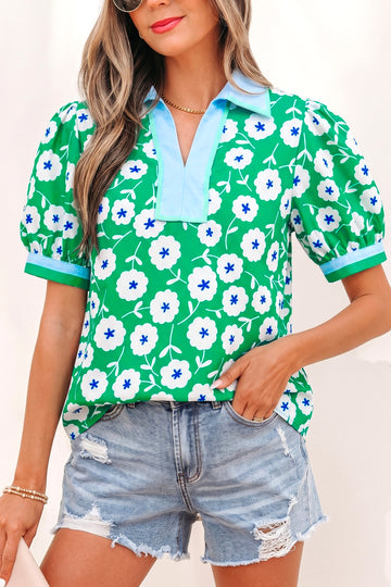 Flower Printed Contrast Patchwork Collar Short Sleeve Blouse – Green