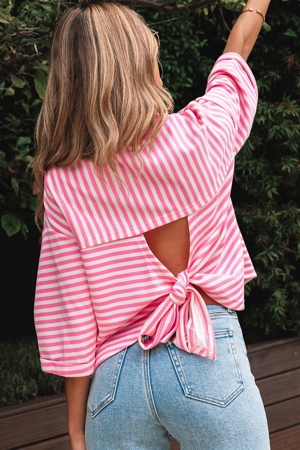Pink Stripe Bowknot Cutout Back Drop Shoulder Wide Bracelet Sleeve Loose Tee eAura