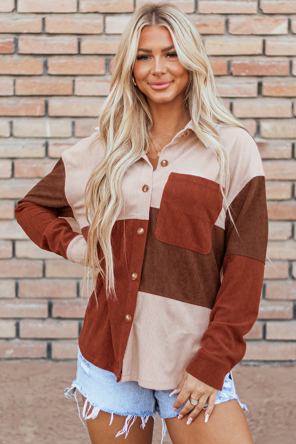 Cinnamon Colourblock Curved Hem Corduroy Shacket with Pocket Beagle Boutique Fashion Outlet
