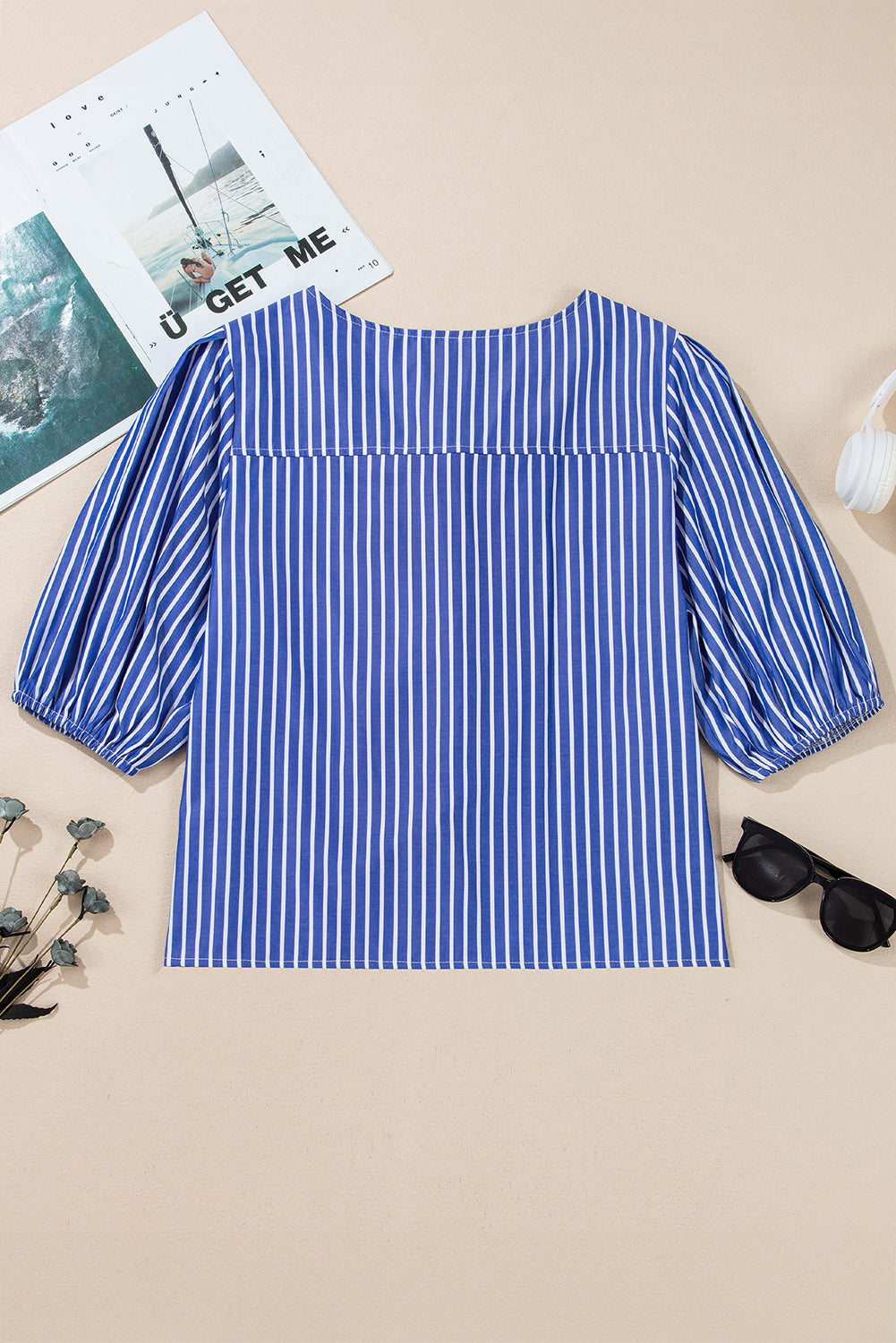 Blue Stripe Tied Front Puff Short Sleeve Blouse eAura