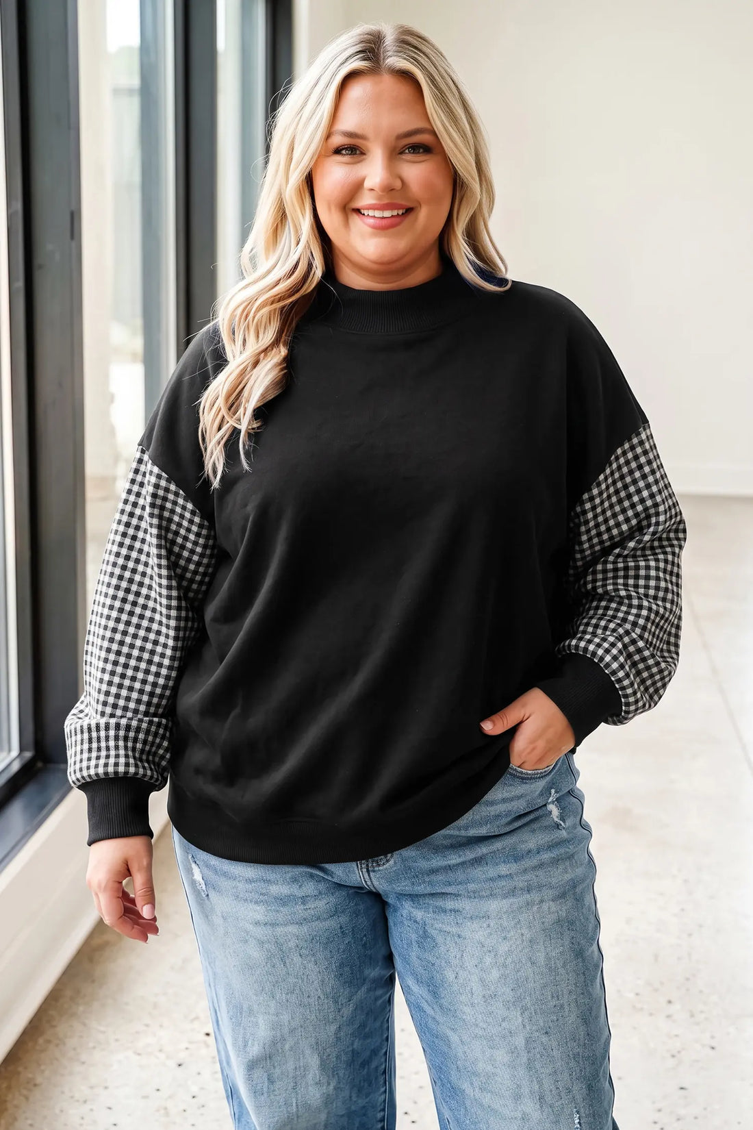 Black Patchwork Plaid Loose Fit Long Sleeve Plus Size Sweatshirt
