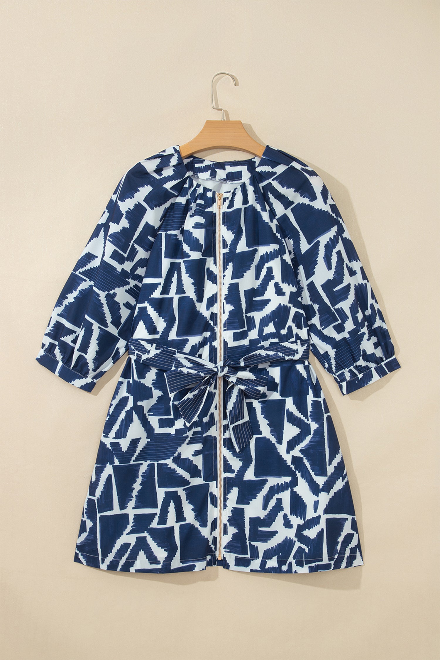 Abstract Geometric Print Zip Front Tie Waist Shift Dress – Blue