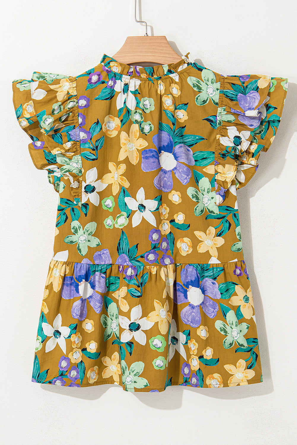 Floral Print Tiered Flutter Sleeve V Neck Top eAura