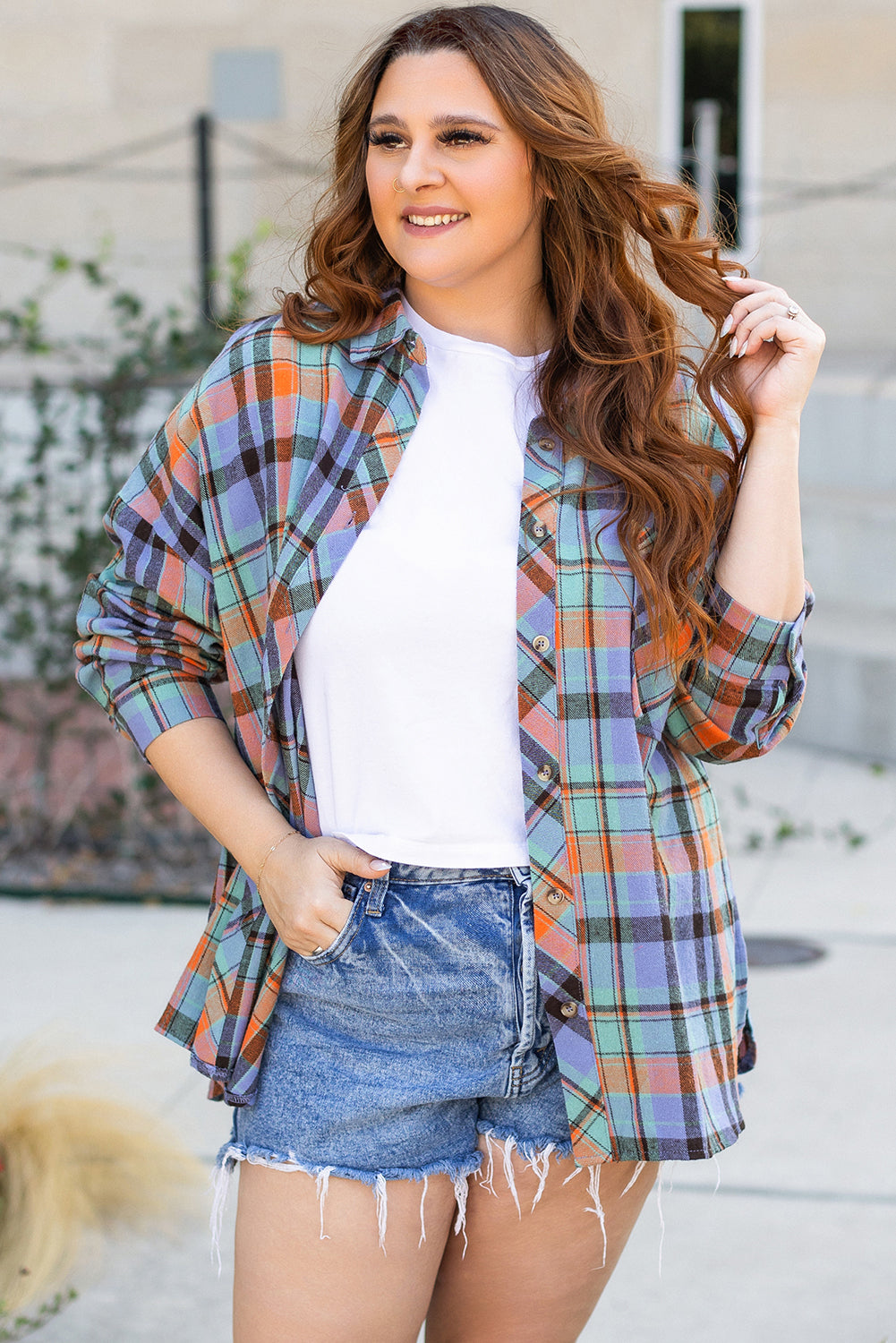 Orange Plus Size Plaid Print Buttoned Shirt Beagle Boutique Fashion Outlet