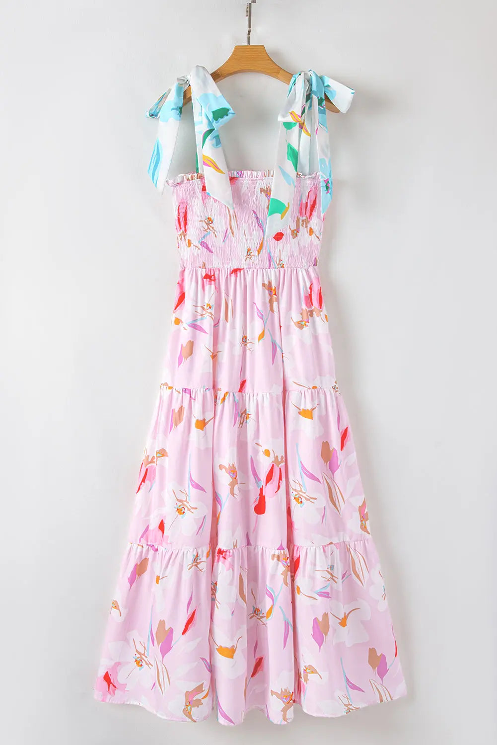 Pink Floral Print Knotted Shoulder Smocked Maxi Dress - Dresses/Floral Dresses