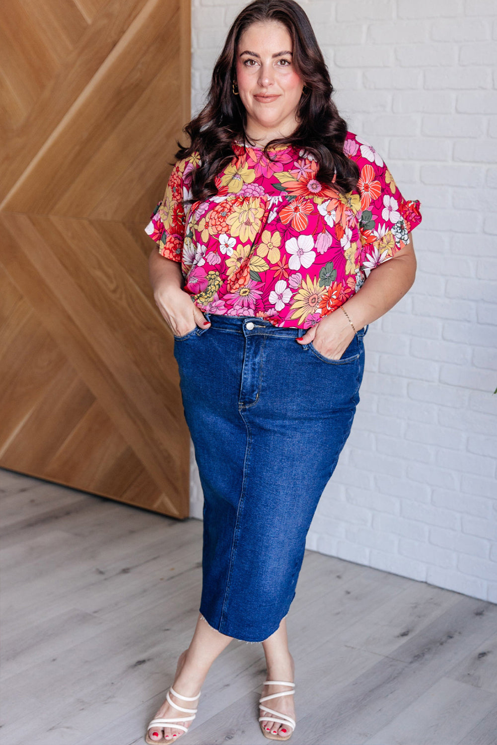 Rose Plus Size Floral Print Ruffle Short Sleeve Blouse BB Fashion Outlet
