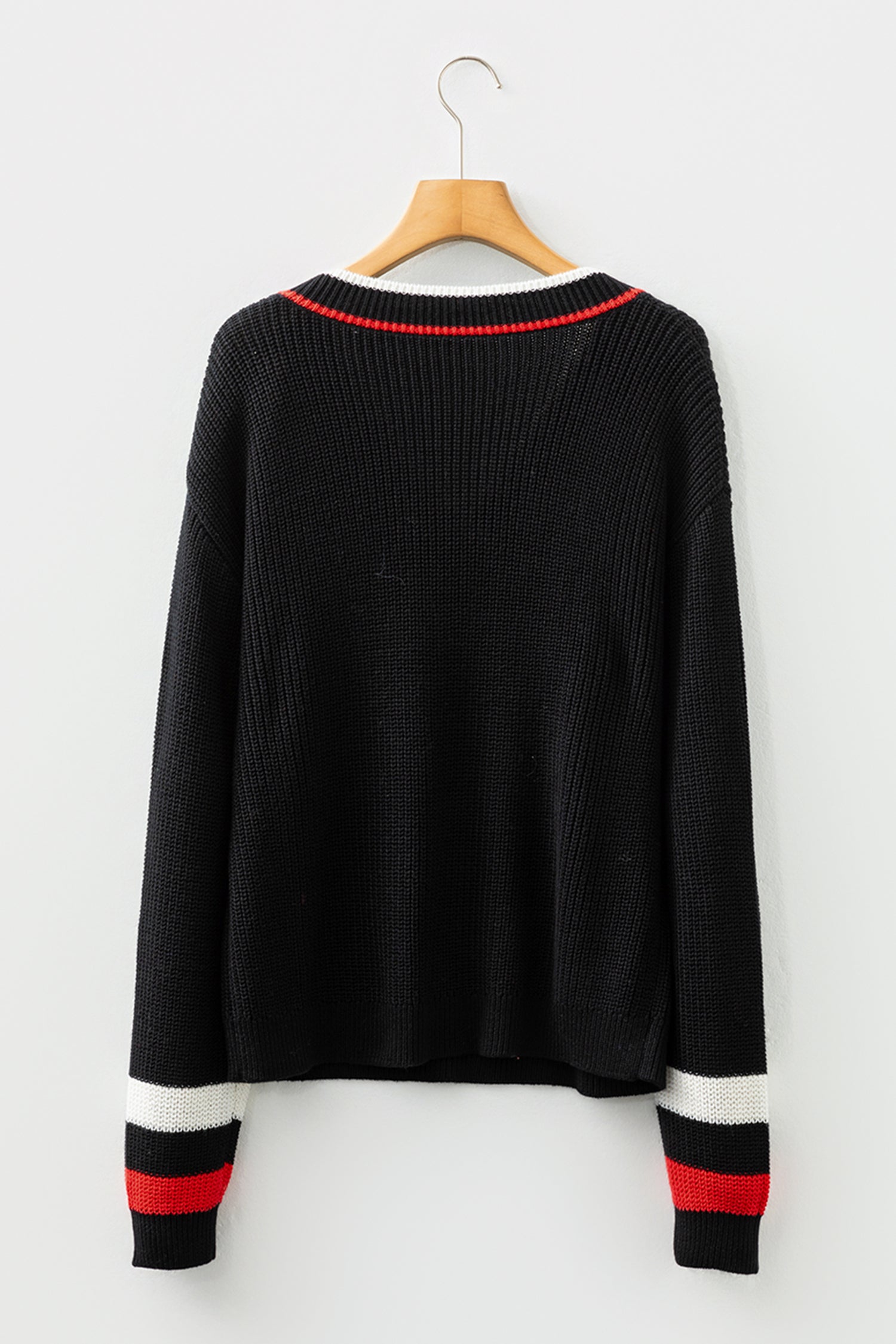 Black Contrast Striped Trim V Neck Drop Shoulder Sweater - Sweaters & Cardigans/Sweaters