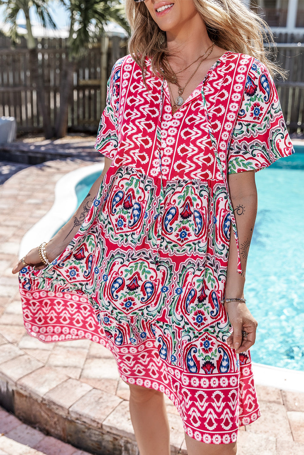 Pink Bohemian Print Tie Neck Ruffle Hem Short Dress eAura