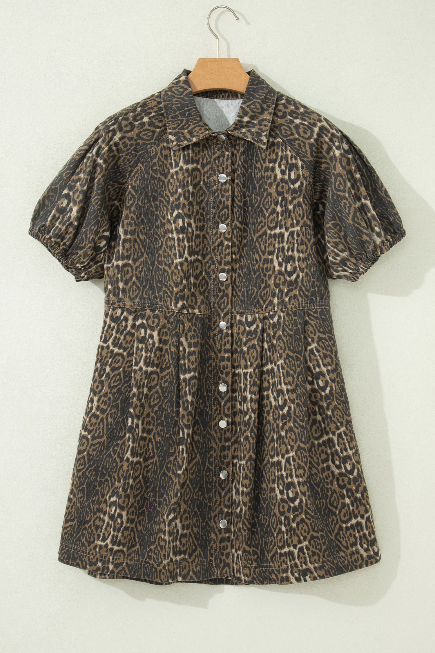 Leopard Print Puff Sleeve Pleated Denim Mini Dress