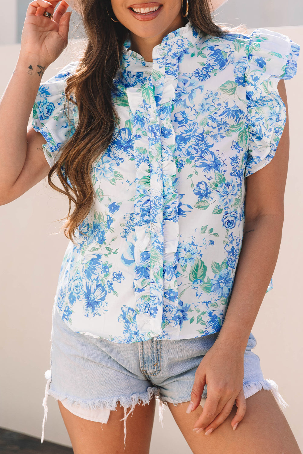 Sky Blue Floral Print Ruffle Sleeve Frilly Button Up Shirt eAura
