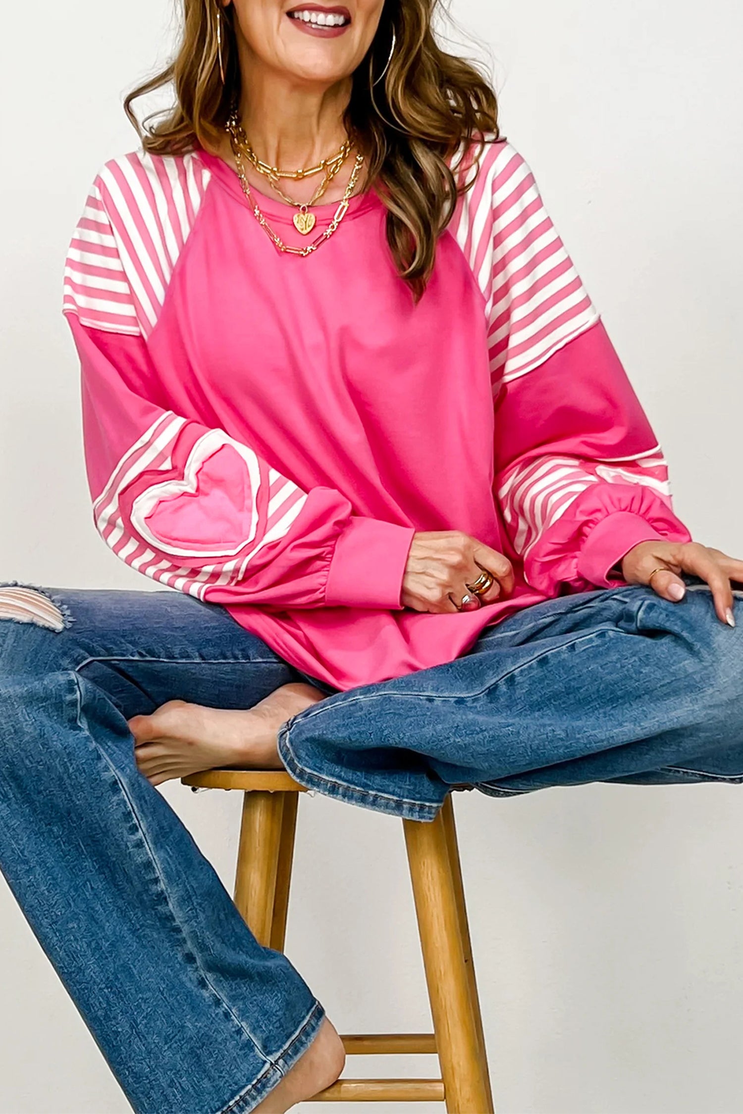 Pink Heart Shape Striped Patchwork Long Sleeve Loose Top - S - Tops/Long Tops