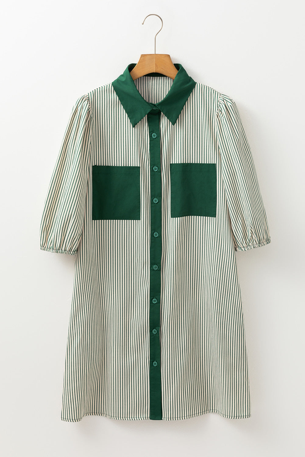 Green Patch Pockets Button Down Short Puff Sleeve Dress eAura